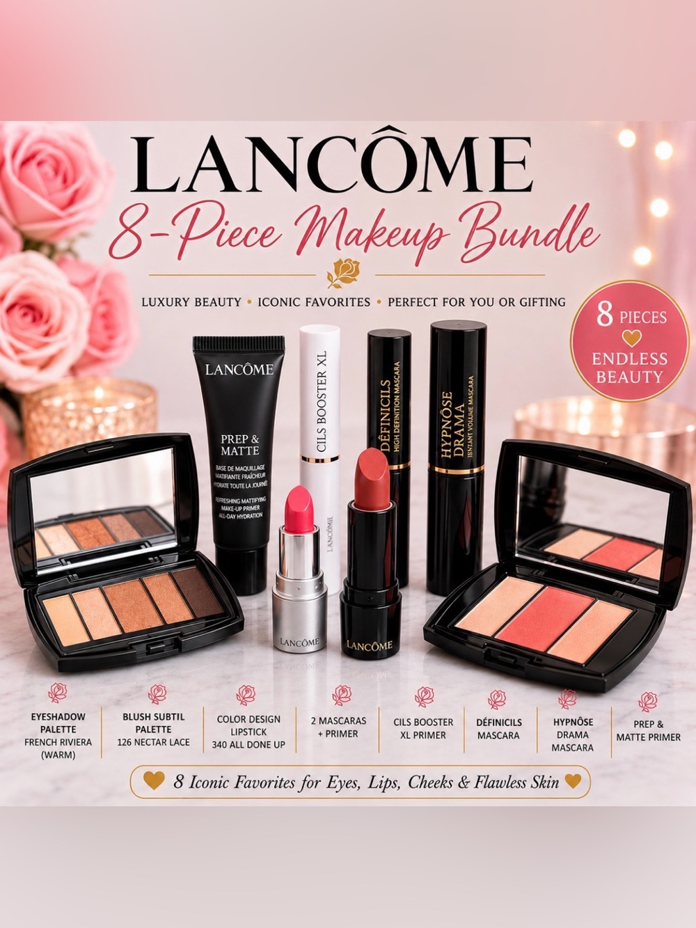 Lancôme 8 Pc Makeup Bundle Eyeshadow Blush Lipstick Mascara Primer